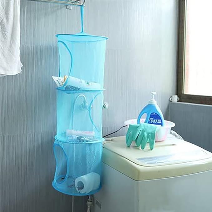 2pcs Hanging Mesh Storage Organizer Bag Foldable Space Saving Organizer with 2pcs S Hooks for Room Bathroom Wall Balcony Wardrobe(Grey，Blue)