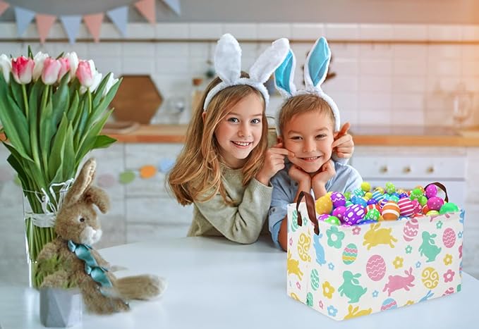 Rectangular Easter Baskets, Easket Basket for Kids.Bunny Easter Basket with Handles.Boys and Girls,Easter Bunny Eggs Decor,Toys,Books,Easter Gifts (Easter Rabbit)