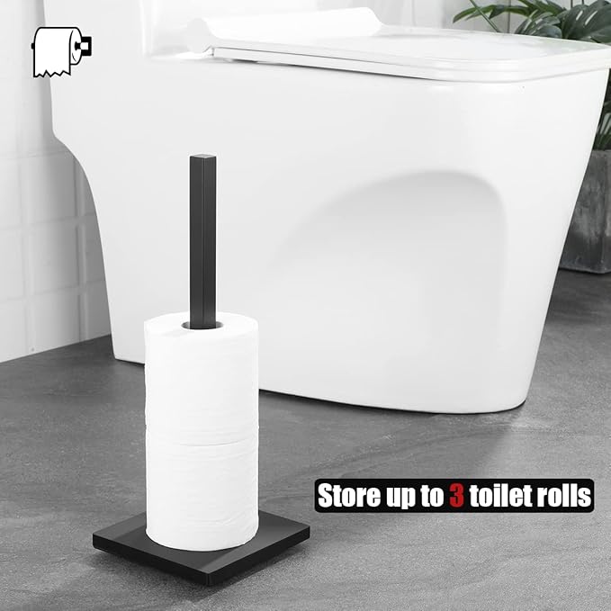 JQK Toilet Paper Storage Stand Matte Black, 304 Stainless Steel Tissue Reserve Holder Square 3/4 Rolls Dispenser for Bathroom, TPS240-PB