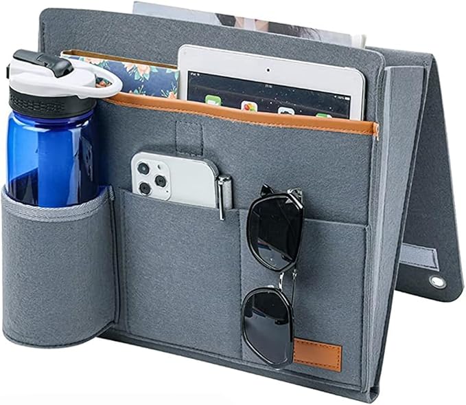 Bringsine Bedside Caddy, Felt Bed Storage Organizer Hanging Bag Holder with 5 Pockets for Magazine Book Phone Tablet iPad Cables Remote & Water Bottle Holder Home Dorm Bed Sofa-Light Teal