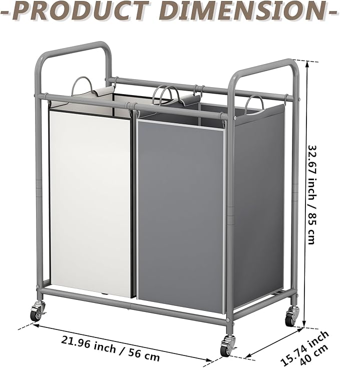 SUOERNUO Laundry Hamper Basket 2 Bag Laundry Sorter Cart with Rolling Lockable Wheels and Removable Bags Laundry Organizer Cart for Clothes Storage (Grey+Beige, 2 Bags)