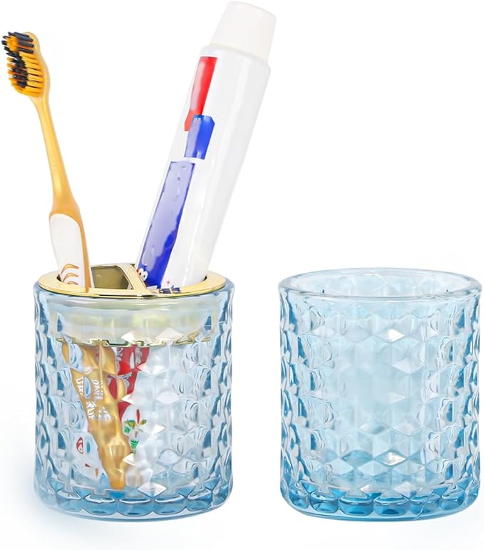 2pcs Blue Toothbrush Holders for Bathrooms, Glass Toothbrush Holder and Bathroom Tumbler Set, Gold Tooth Brush Cup Holder, Bathroom Counter Organizer for Brushes, Toothpaste