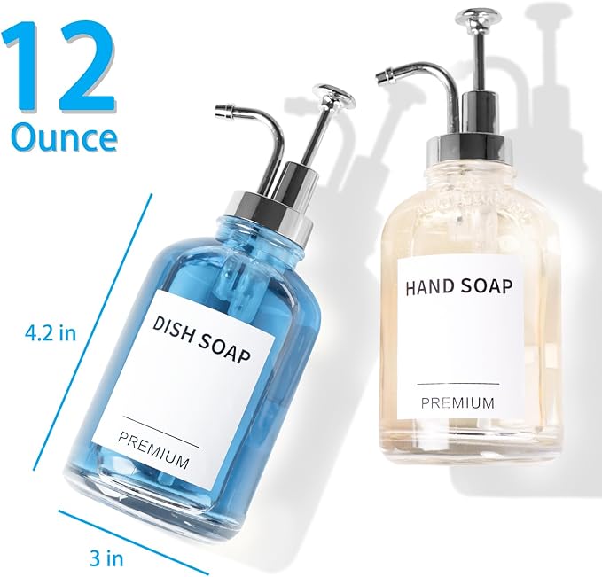 12oz Dish Soap Dispenser for Kitchen, Hand Glass Soap Dispenser Set with Pump, Tray, Funnel for Bathroom, Shower, Laundry, Liquid, Lotion (Silver 2 Pack Clear Bottles with 12 Stickers)
