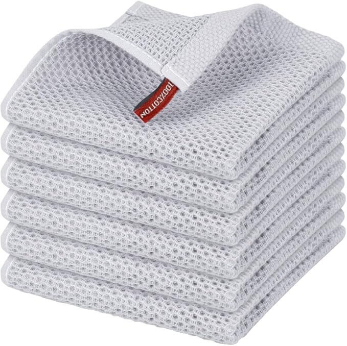 Nialnant 100% Cotton Cleaning Rags,6 Pack Waffle Weave Dish Cloths,Super Absorbent Dish Rags for Washing Dishes-Light Grey,12x12 Inch