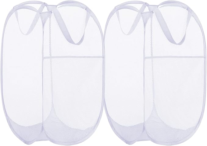 BATTOO Deluxe Strong Mesh Pop up Laundry Hamper Basket with Side Pocket for Laundry Room, Bathroom, Kids Room, College Dorm or Travel 2 Pack White