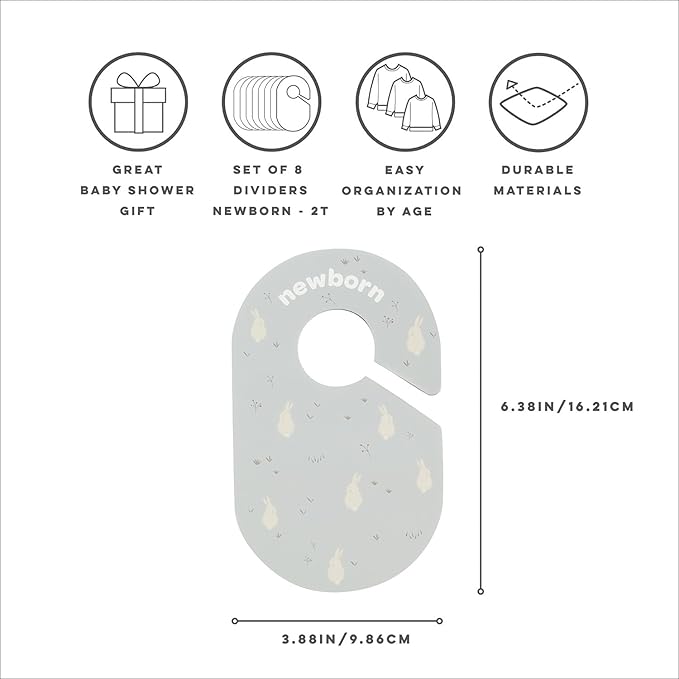 3 Sprouts Baby Closet Dividers Set of 8 - Toddler Clothes Organizer Hanger, Double-Sided Size Labels - Nursery Organization for Newborn Clothing, Infant, Boy & Girl - Rabbit