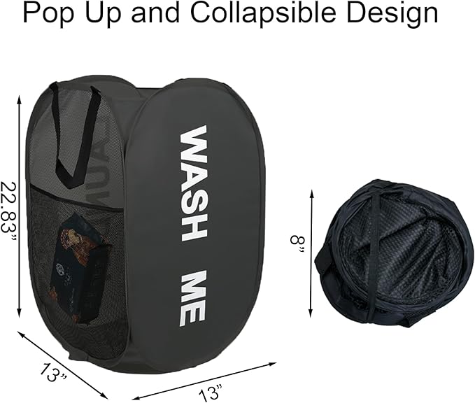 Collapsible Laundry Basket Foldable Laundry Hamper Pop Up Basket Dirty Clothes Hamper for College Dorm, Travel, Cruise, Hotel, Black