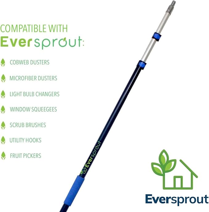 EVERSPROUT 8-10 Feet Standing Reach | 1.5-to-3 Foot Cobweb Duster and Extension-Pole Combo & Lightweight 3-Stage Aluminum Pole | Hand-Packaged Indoor/Outdoor Use Brush Attachment