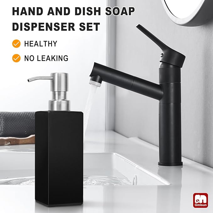 GMISUN Black Soap Dispenser Bathroom, Glass Hand Soap Dispenser with Stainless Steel Pump, 12 fl oz/350ml Refillable Dish Dispensers for Kitchen, Modern Liquid Lotion Bottles for Bathroom Countertop