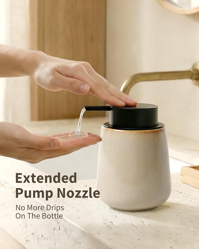 BosilunLife Hand Soap Dispenser - Ceramic Dish Soap Dispenser for Bathroom 12ounce Refillable Liquid Hand Wash Dispenser for Essential Oil, Lotion Soap, Greige with Speckle