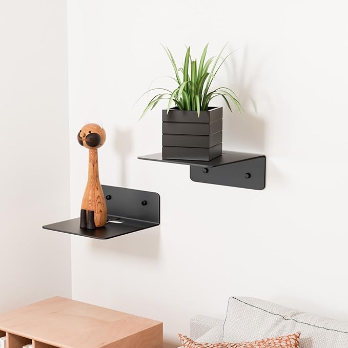 Wisfame Small Floating Shelves for Wall, 5 Inch Metal Wall Shelves - Adhesive Installation, Display Ledges Set of 2, Perfect for Echo, Cameras, Mini Decor, Funkos, Figurines (Black)