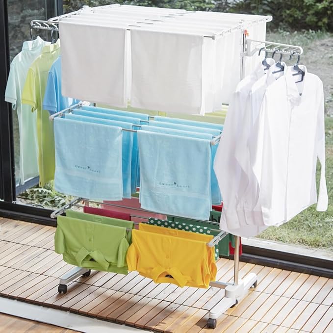 DOLEEFUN Foldable Laundry Drying Rack with Wheels - 48 Drying Rods, Heavy Duty, Movable, Perfect for Clothes, Duvet, Socks, Bed Linen, Sheets, 6 Wings