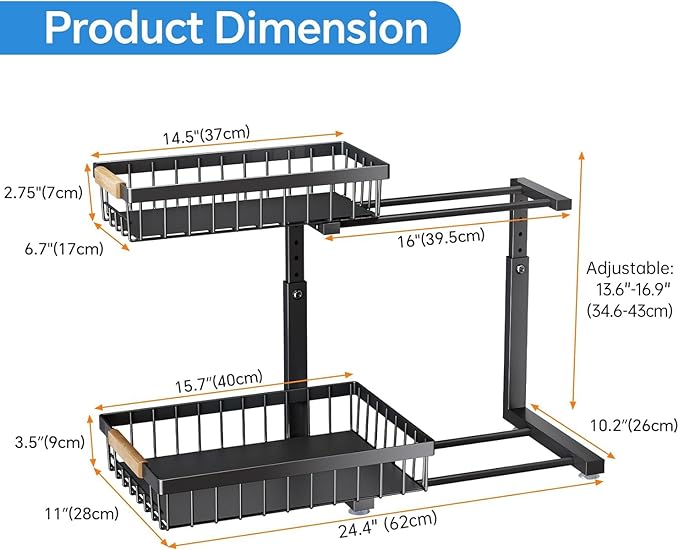 PXRACK 1 Pack Under Sink Organizer,Adjustable Height,2 Tier Pull Out Under Cabinet Organizer,Slide Out Thickened Metal Under Sink Storage for Kitchen Bathroom Laundry Cabinet Pantry,Black