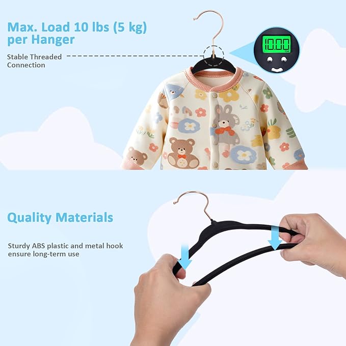 Baby Velvet Hangers 50 Pack - 11 Inch Premium Non Slip Felt Kids Hanger for Toddler & Infant Clothes - 0.2" Ultra Thin Baby Clothes Hangers with 10 Hanger Clips - Black