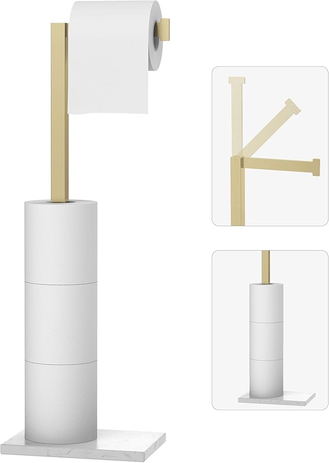 Toilet Paper Holder Stand Brushed Gold SUS 304 Stainless Steel Rustproof Free Standing 22" Rotating Bathroom Tissue Roll Holder for 4 Rolls with Marble Base by HOMEMYSTIQUE