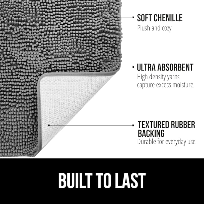 GORILLA GRIP Bath Rug Mat 60x24, Thick Soft Absorbent Chenille, Quick Dry Microfiber Mats, Rubber Backing Washable Shower Floor Rugs, Bathmat Runner, US Designed Bathroom Home Decor Accessories Grey