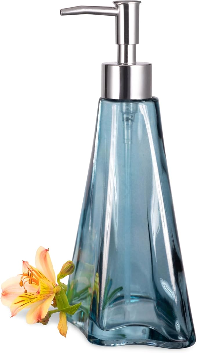 EMPO Vintage Elegant Glass Soap Dispenser, Liquid Soap/Sanitizer/Shampoo Bottle with Golden ABS Pump, Rustic Farmhouse Decor Hand Soap Dispenser Bathroom Accessories (Ripple Yale-Blue)