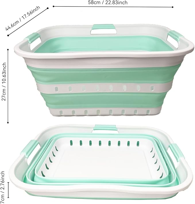 SAMMART 42L (11 gallons) Set of 2 Plastic Foldable Storage Basket/Container - Collapsible, Space Saving and Portable Laundry Hamper, Ideal for Home, Travel, Dorm (2, White/Light Green)