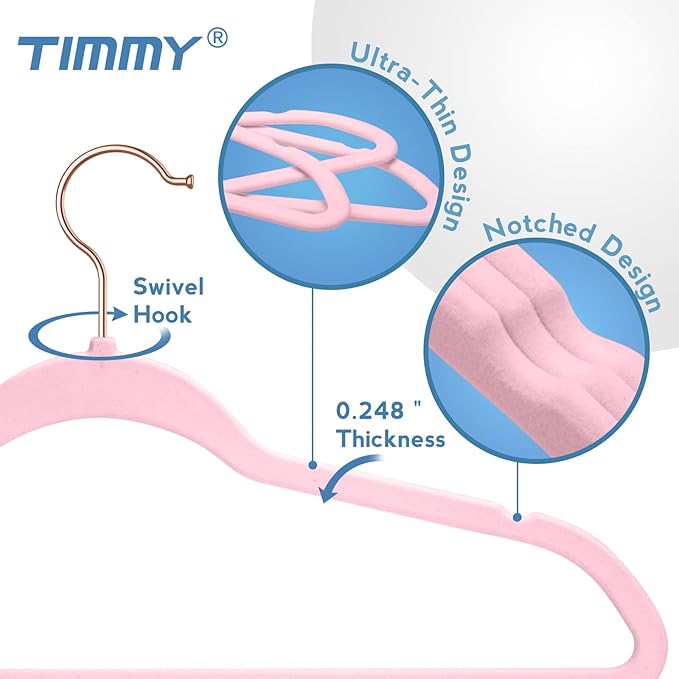 TIMMY Velvet Hangers - 50-Pack Ultra Thin Space Saving Suit and Coat Hanger, Heavy Duty Clothes Holder Up-to 10 Lbs - Pink