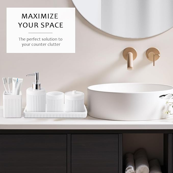 White Bathroom Sets with Shower Curtain and Rugs, 8-Piece Resin Bathroom Accessories Sets Complete with Soap Dispenser, Toothbrush Holder, Tumbler, Tray & Cotton Swab Jars Bathroom Essentials