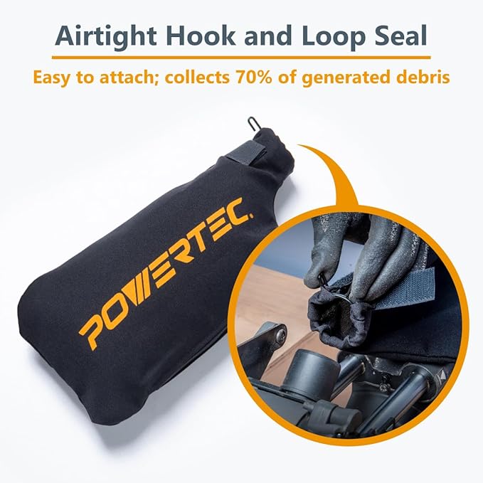 POWERTEC Miter Saw Dust Collector Bag for 7-1/4", 8-1/2", 10" Miter Saw.Fits Nominal 1-3/4" Dust Ports, Hook & Loop Dust Bag w/Zipper, Wired Adjustable Stand for Tank Belt Sander & Diagonal Saw(75076)