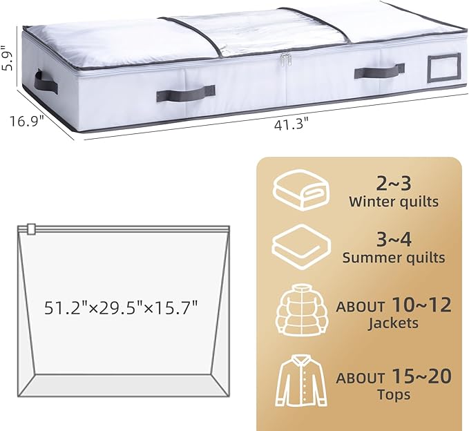 TAILI Under Bed Jumbo Vacuum Seal Storage Bags for Comforters and Blankets, Large Capacity White Foldable Box Save 80% Space, 41" x 17.7" x 6"
