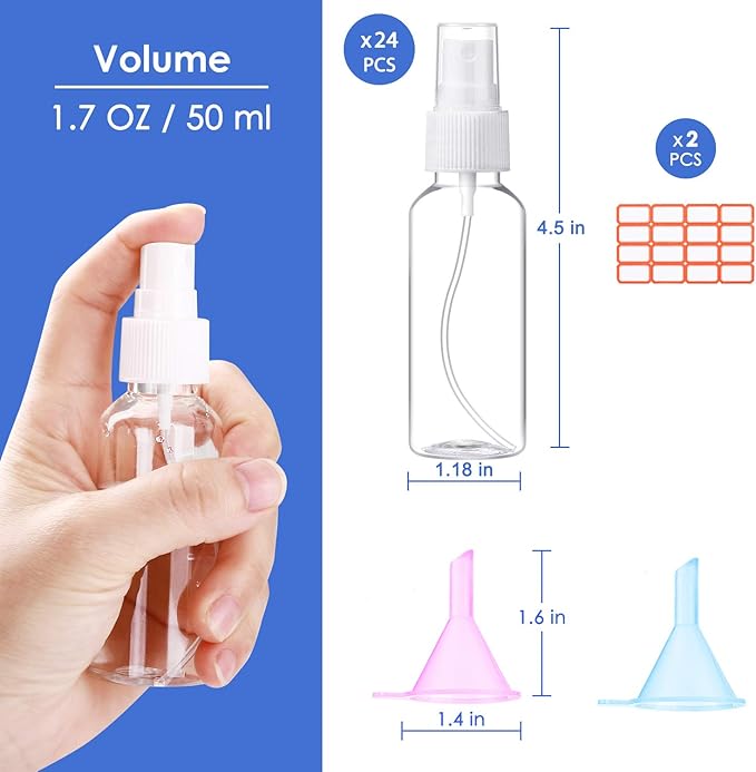 24 Pcs Spray Bottles 2oz / 55ml Clear Empty Mini Spray Bottles Refillable Container Pocket Size Sprayer Set Essential Oils Travel Cleaning Makeup Bottles with 2pcs Funnels 32pcs Labels