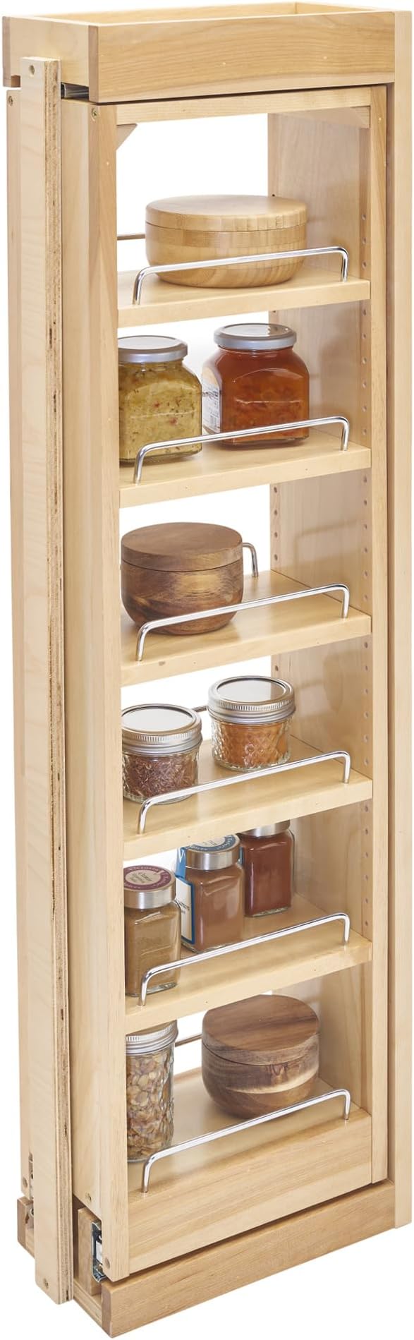 Rev-A-Shelf 6" W x 39" H Pull Out Quad Shelf Organizer for Wall & Base Kitchen Cabinets, Full Extension Filler Spice Rack, Adjustable, Wood, 432-WF39-6C