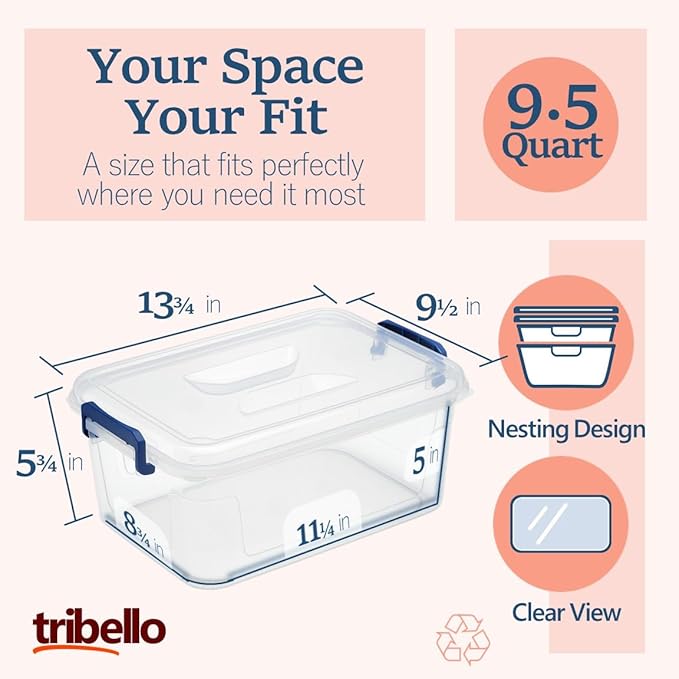 Tribello Clear Storage Bins with Lids, Stackable Plastic Storage Containers for Home Organization – Clear Totes for Closet and Underbed Storage, 9.5