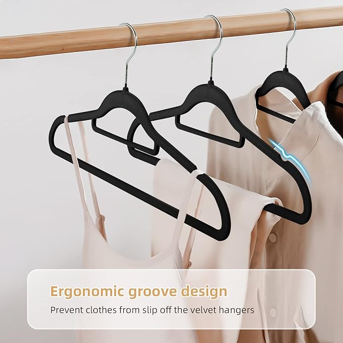 Velvet Non-Slip Hangers, Heavy-Duty Suit Hangers with 360° Swivel Hook for Space-Saving Storage - 20 Pack, Black