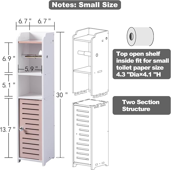 AOJEZOR Toilet Paper Holder Stand: Small Bathroom Storage Cabinet - Pinkish Rose - White