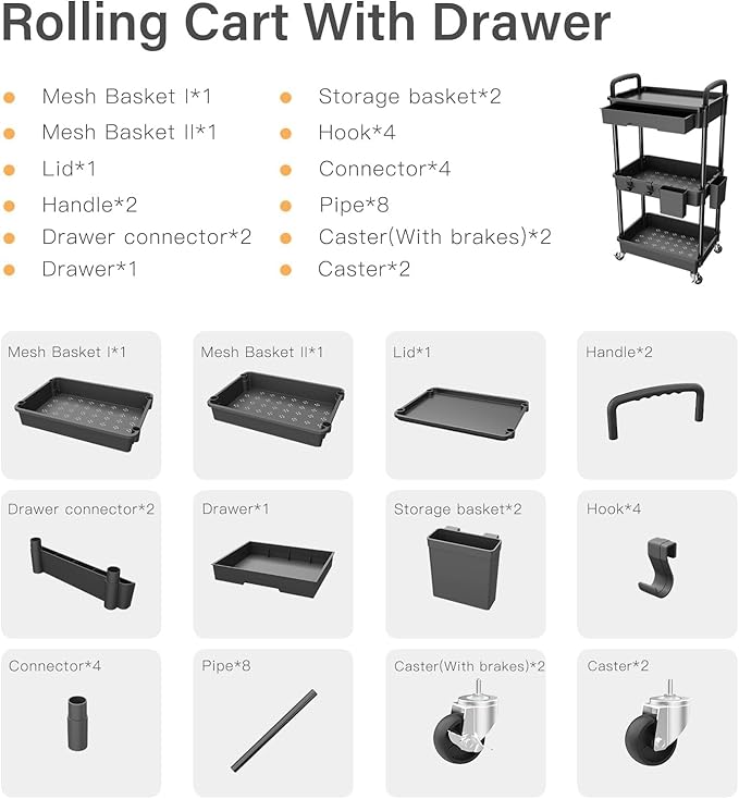3 Tier Rolling Cart Organizer,Laundry Room Bathroom Organizers and Storage Office Shelves Mobile Shelving Unit Kitchen Trolley Cart with Wheels for Art,Craft,Diaper,Bedside,Snack(Black)