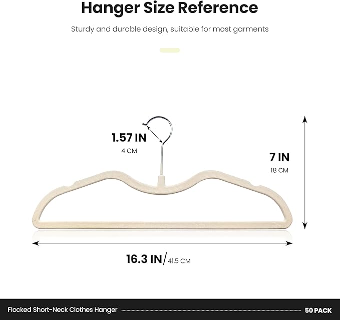 Jiang&Rong 50 Pack Velvet Short Neck Hangers, Non-Slip Felt Hangers, with 360° Swivel Hook, Space Saving Design for Sweaters, Coats, Shirts (Beige)