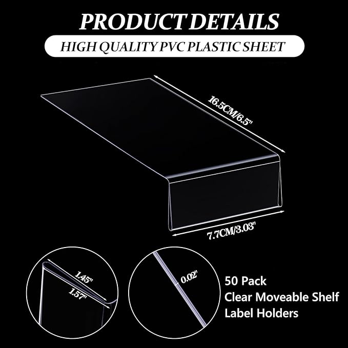 Containlol 50 Pcs Moveable Shelf Label Holders, Clear Bookshelf Label Library Shelf Markers Bookshelf Divider Tags for Library Office Classroom Home(3 x 1.6 Inch)