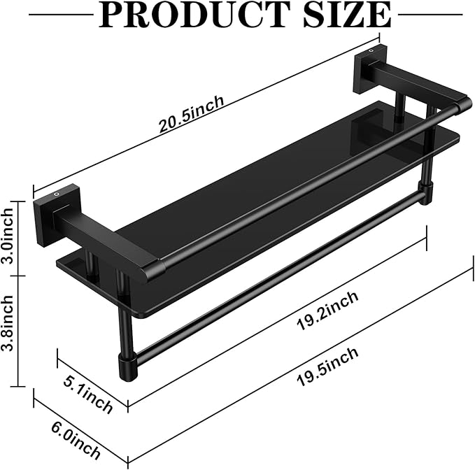 SFGSOWOR Glass Shelf for Bathroom 20 Inch Bathroom Shelves with Towel Bar Tempered Glass Shelves with Stainless Steel Towel Holder for Wall (All Matte Black)