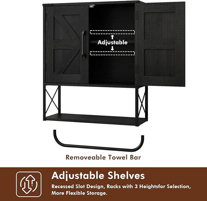 RUSTOWN Farmhouse Medicine Cabinet with 2 Barn Door, Wood Wall Mounted Storage Cabinet with Adjustable Shelf and Towel Bar, 3-Tier Bathroom Cabinet for Bathroom, Living Room(Black, Medium)