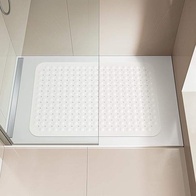 OTHWAY Large Shower Mat 34"x 23", TPE Non Slip Shower Mat for Walk in Shower Stall, Inside Shower Mats with Drain Holes Suction Cups, Anti-Slip for Elderly Kids (White)