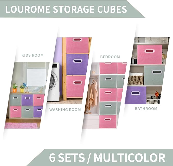 Lourome 11 inch Cube Storage Organizer, Closet Organizers and Storage Bins with Handle, Collapsible Storage Bins for Shelves, Baskets Box for Clothes, Home, Toy, Lego, Fabric, Pack of 6