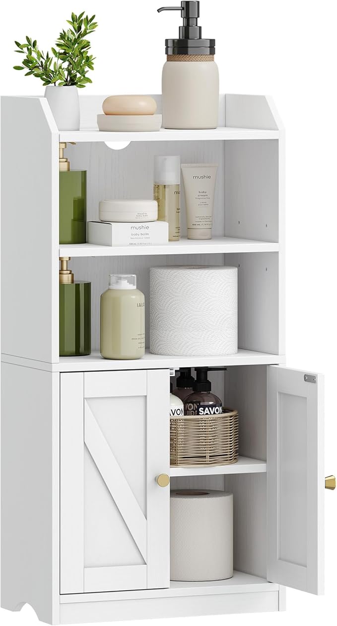 Small Bathroom Storage Cabinet, Bathroom Organizers and Storage with 2 Doors and Shelves, Floor Cabinet Freestanding with Adjustable Shelf for Small Spaces, White 7.9" D x 14.6" W x 29.6" H