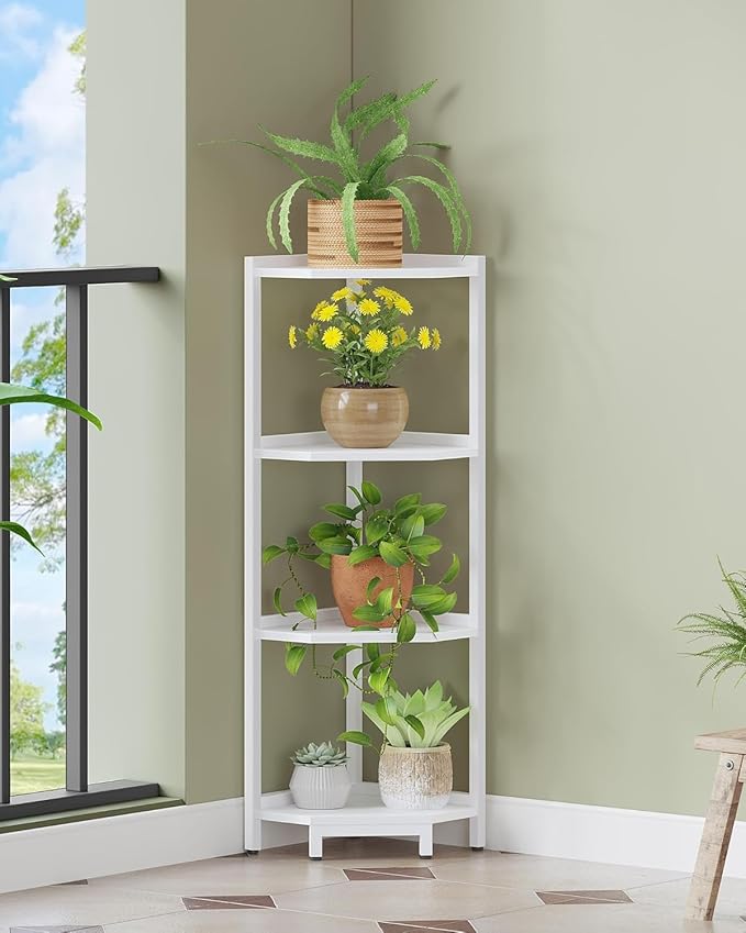 Corner Shelf Stand, Corner Bookshelf, Storage Standing Shelf Unit with Metal Frame, Plant Stand, Bookcase for Living Room, Home Office, Bedroom, 4-Tier White CS05813W