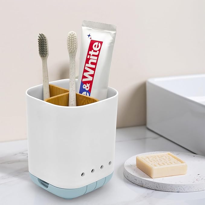 Toothbrush Holder with Bamboo Divider,Detachable for Easy Cleaning Bathroom Countertop Organizer,Plastic 3 Slots Electric Toothbrush and Toothpaste Holders Storage Caddy for Bathroom Vanity,Sink-Blue