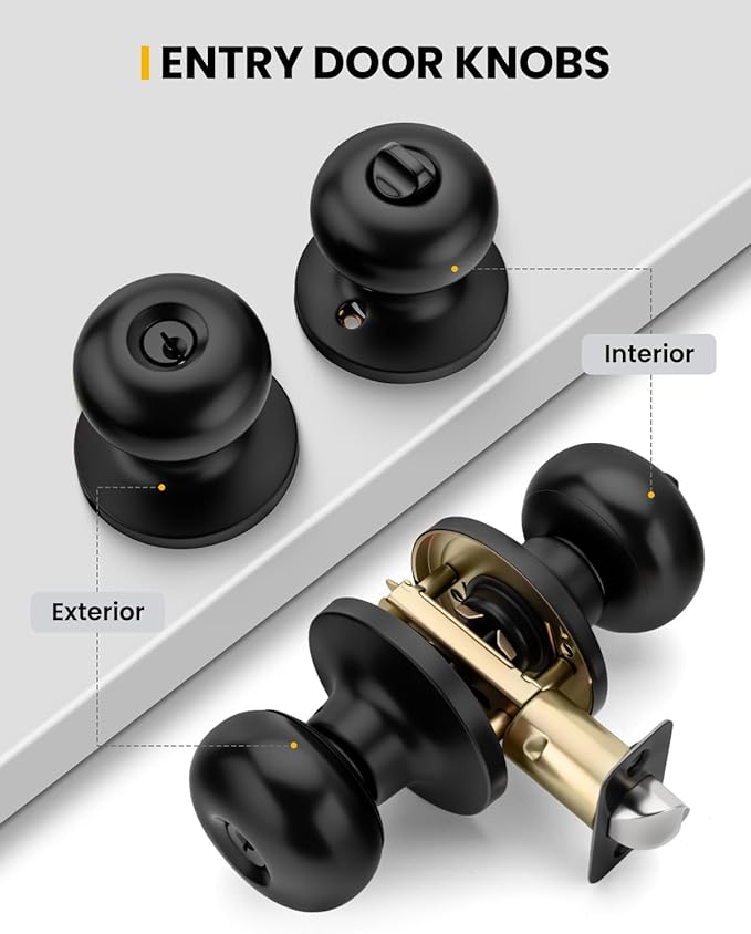 Goldenwarm Keyed-Alike Black Exterior Door Knob with Lock and Key, Front Door Knob, Matte Black Door Knobs Exterior Entry 3 Pack