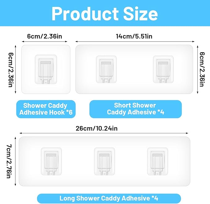 Xyembu 14 Packs Shower Caddy Adhesive Replacement, Transparent Strong Adhesive Hooks, Waterproof Shower Strips, Flat Hooks for Bathroom Kitchen Racks and Storage Shelves, No Drilling