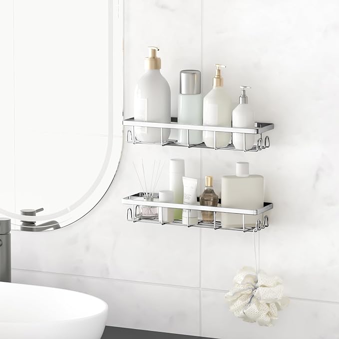 Uninol Shower Caddy Organizer with Hooks,Self Adhesive Bathroom Shelves,No Drilling Bathroom Organizers and Storage,Perfect for RV, Apartment, Home Decor,2 Pack Silvery