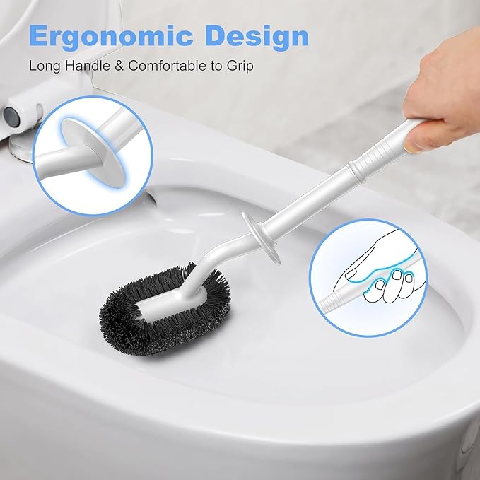 HAMITOR Toilet Bowl Brush Holder Set: Curved Design with Holder for Deep Cleaning Under Rim - Compact Hidden Scrubber for Small Space - Modern RV Bathroom Accessories - 3 Pack