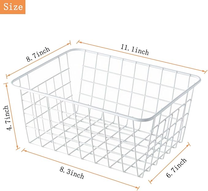4 Pack White Wire Baskets for Pantry, 11" Upright Wire Freezer Storage Bins with Handles, Small White Metal Storage Basket for Freezer Organizing Office Kitchen Closets