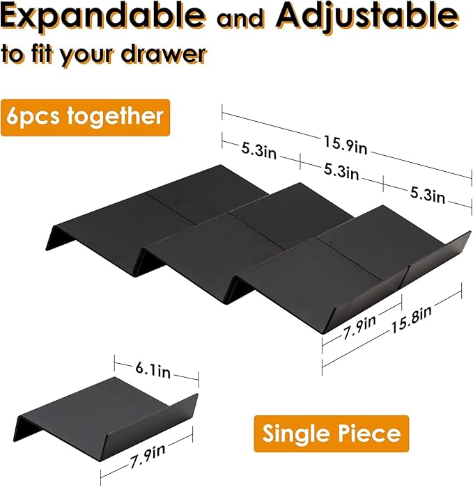 6PCS Expandable Spice Drawer Organizer Insert, Adjustable Tiered Countertop Tray for Spice Jars - Fits Kitchen Drawers (6, Black)