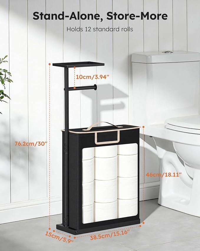 SOLEDI Freestanding Toilet Paper Holder Stand,Bathroom Toilet Paper Storage Organizer with Lid for up to 12 Rolls,Featuring Shelf and Sturdy Metal Base,Black