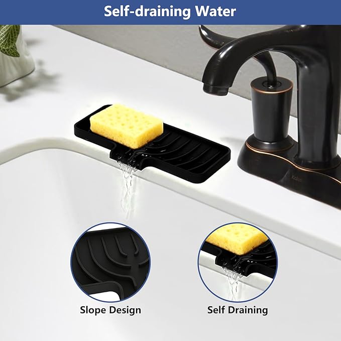 Silicone Sponge Holder for Kitchen Sink With Drain Spout, Self Draining, Kitchen Soap Tray, Bathroom Organizer, Sink Caddy, Perfect for Dispenser, Scrubber, Bottle, Cup on Counter (Black, 10×4)