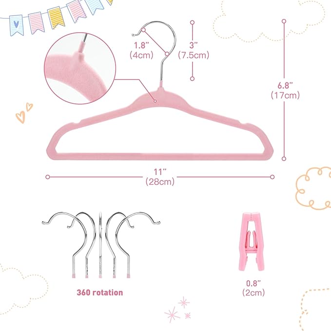 Velvet Baby Hangers with Clips (30 Pack) | 11” Ultra-Slim Baby Clothes Hangers | Non-Slip Felt | Space-Saving Nursery & Infant Closet Organizer | Pink
